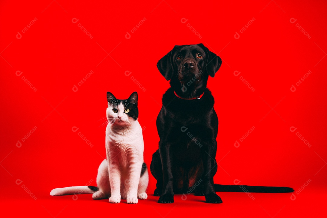 Cão e gato sentados para foto isolados no fundo vermelho do estúdio