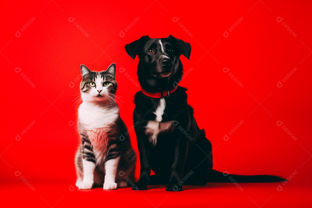 Cão e gato sentados para foto isolados no fundo vermelho do estúdio
