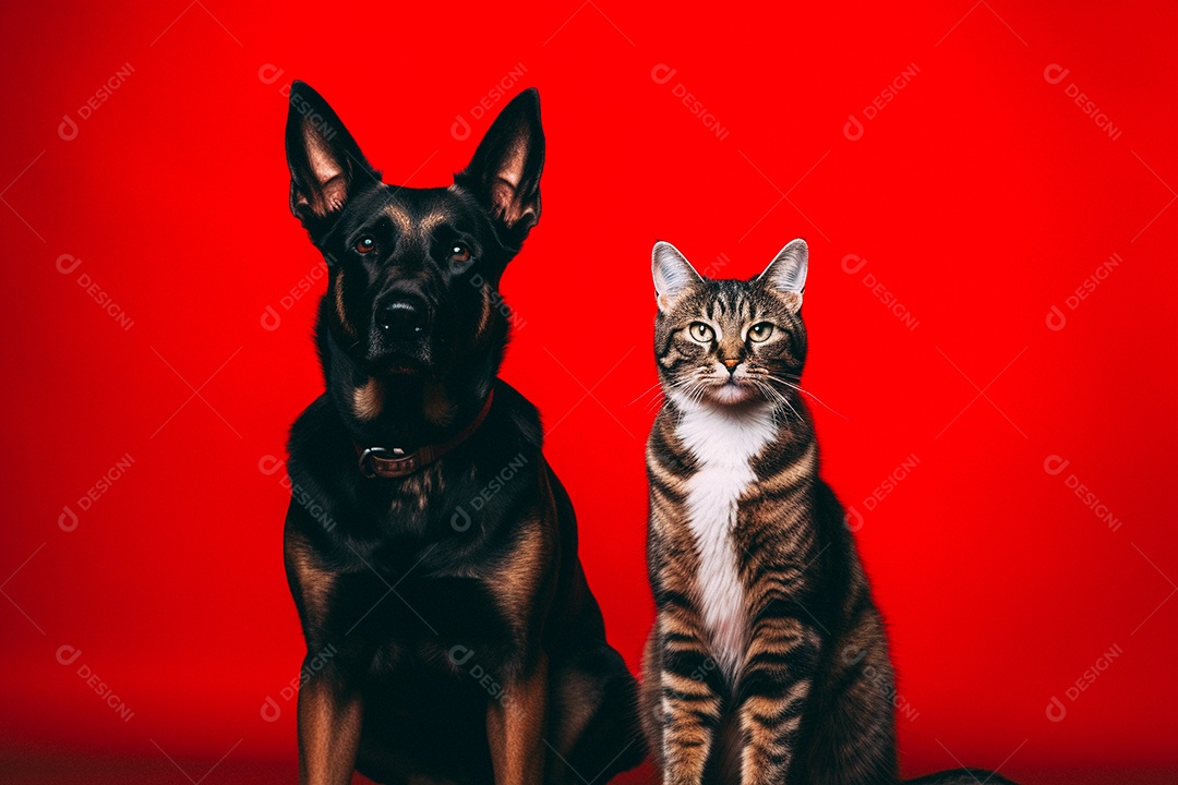 Cão e gato sentados para foto isolados no fundo vermelho do estúdio