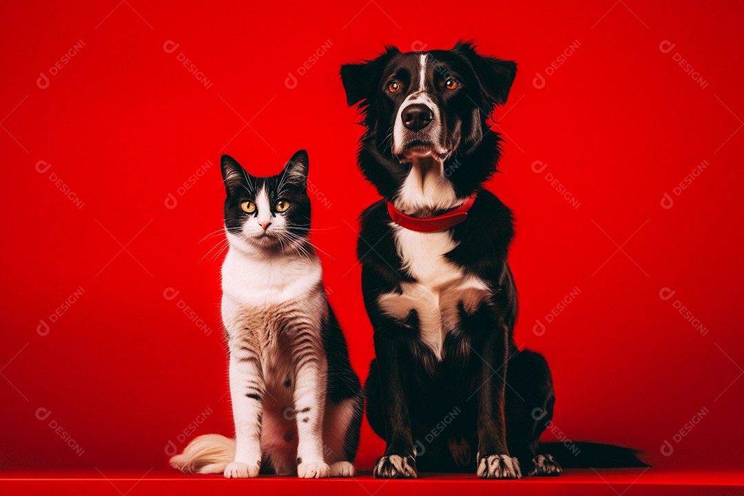 Cão e gato sentados para foto isolados no fundo vermelho do estúdio