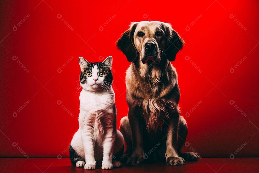 Cão e gato sentados para foto isolados no fundo vermelho do estúdio