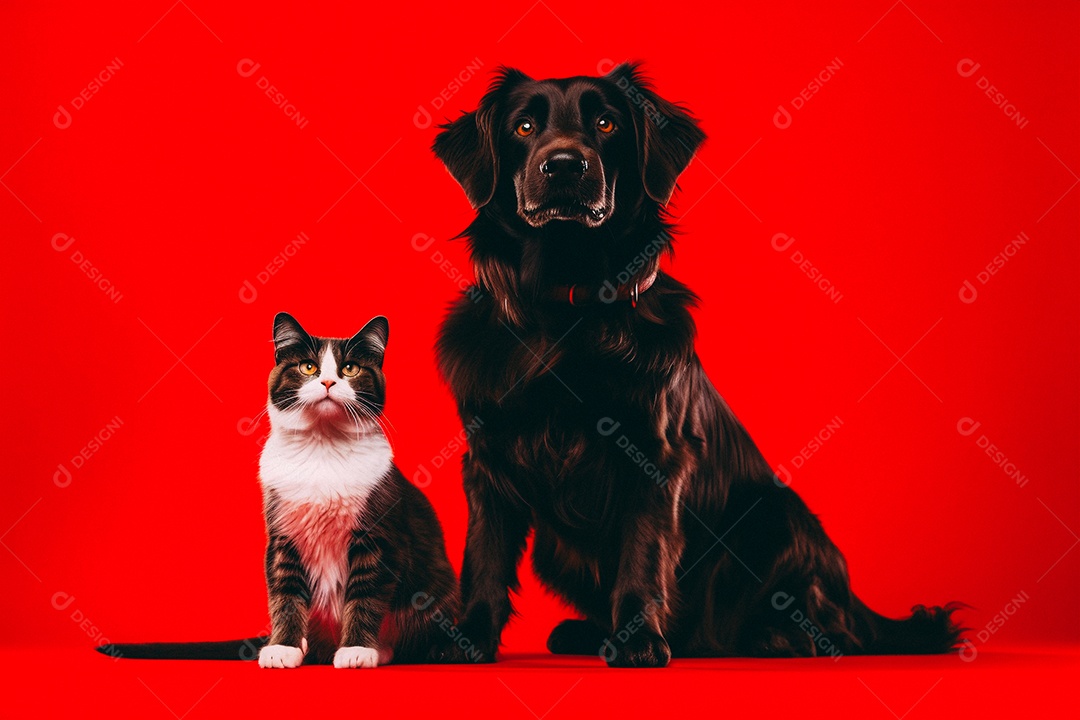 Cão e gato sentados para foto isolados no fundo vermelho do estúdio