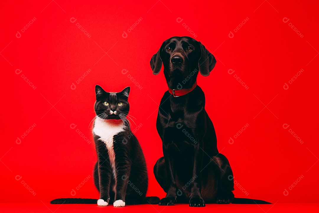 Cão e gato sentados para foto isolados no fundo vermelho do estúdio