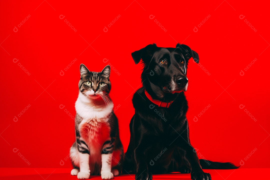 Cão e gato sentados para foto isolados no fundo vermelho do estúdio