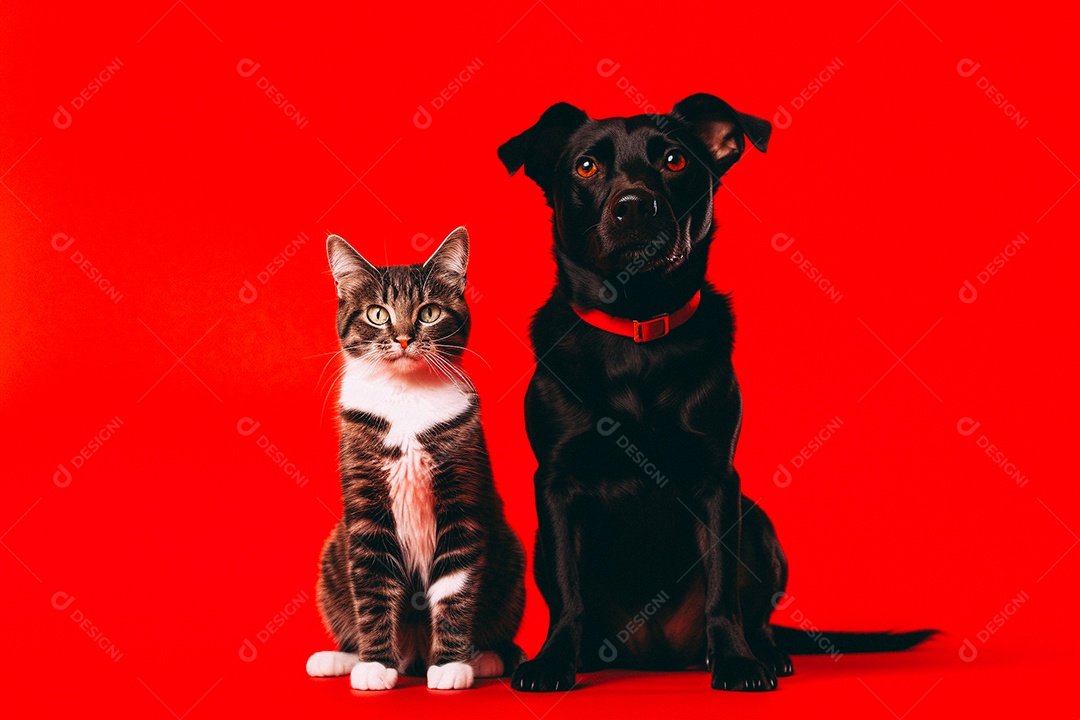 Cão e gato sentados para foto isolados no fundo vermelho do estúdio