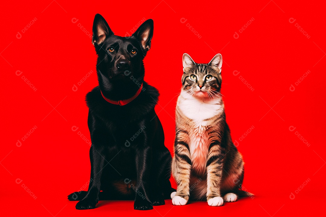 Cão e gato sentados para foto isolados no fundo vermelho do estúdio