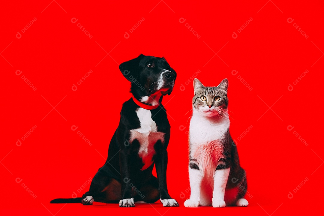 Cão e gato sentados para foto isolados no fundo vermelho do estúdio