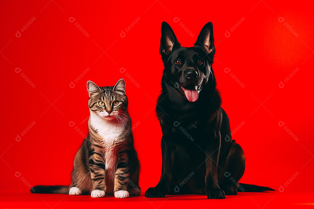 Cão e gato sentados para foto isolados no fundo vermelho do estúdio