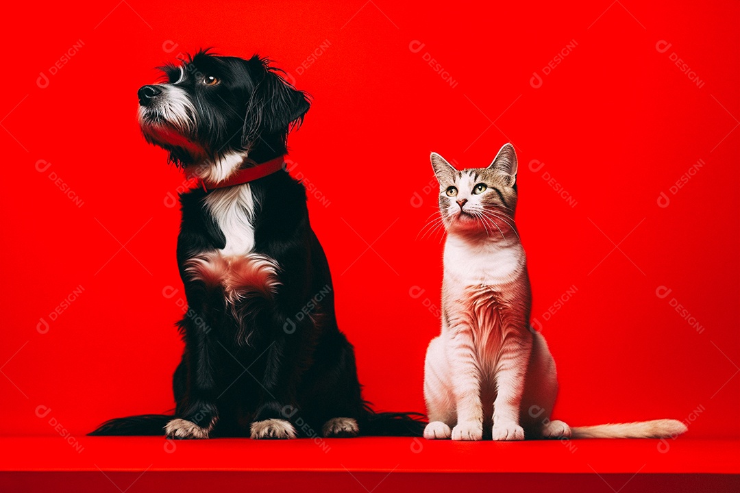 Cão e gato sentados para foto isolados no fundo vermelho do estúdio