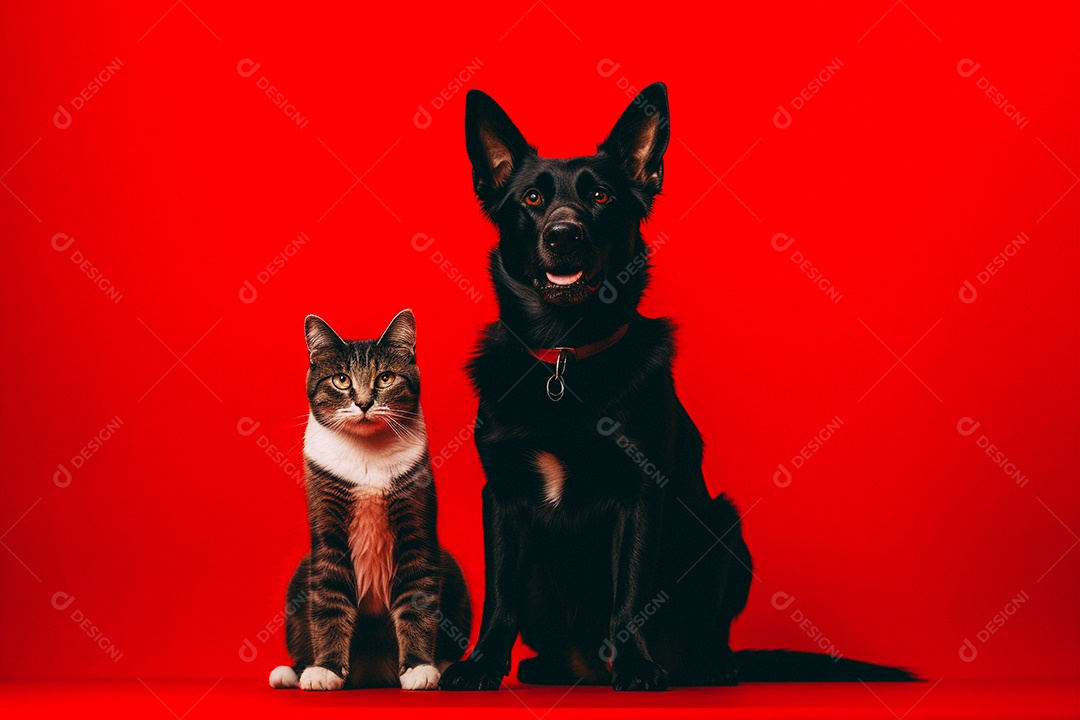 Cão e gato sentados para foto isolados no fundo vermelho do estúdio