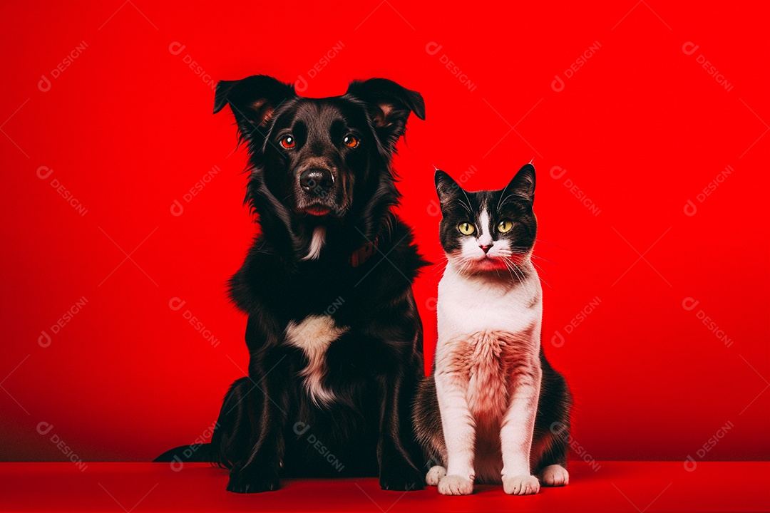 Cão e gato sentados para foto isolados no fundo vermelho do estúdio