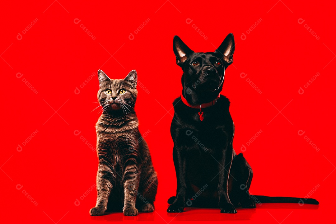 Cão e gato sentados para foto isolados no fundo vermelho do estúdio
