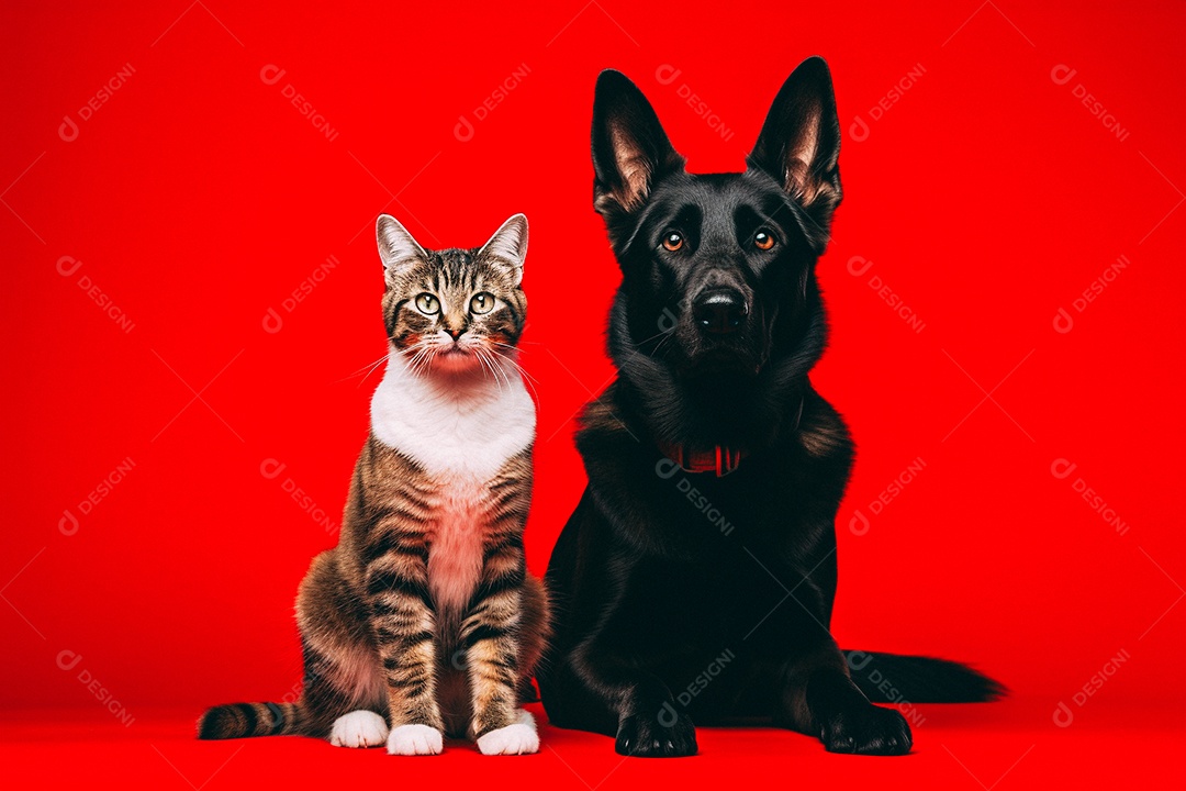 Cão e gato sentados para foto isolados no fundo vermelho do estúdio