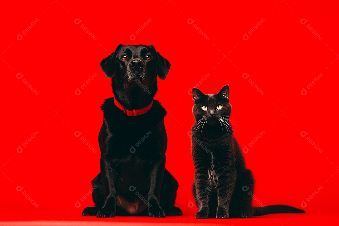 Cão e gato sentados para foto isolados no fundo vermelho do estúdio