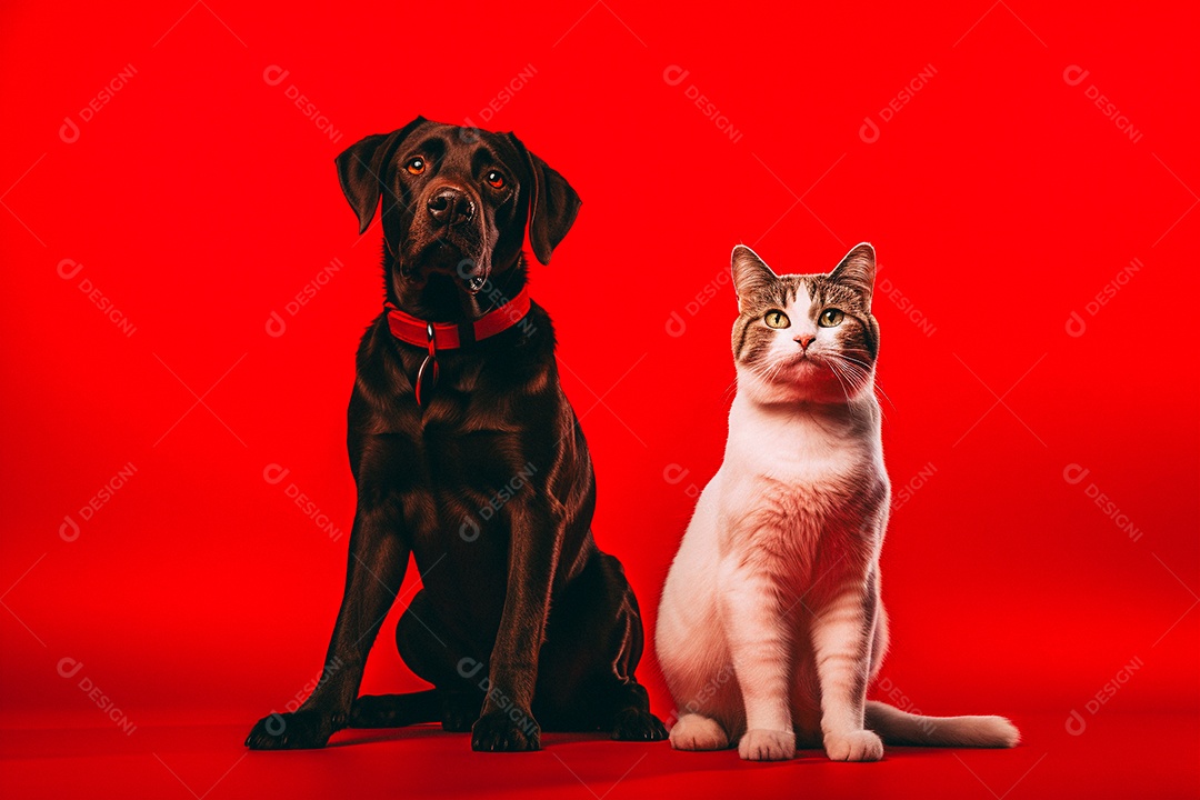 Cão e gato sentados para foto isolados no fundo vermelho do estúdio