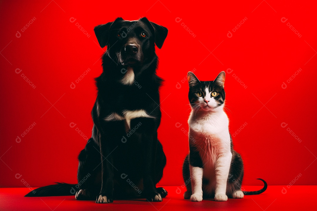 Cão e gato sentados para foto isolados no fundo vermelho do estúdio