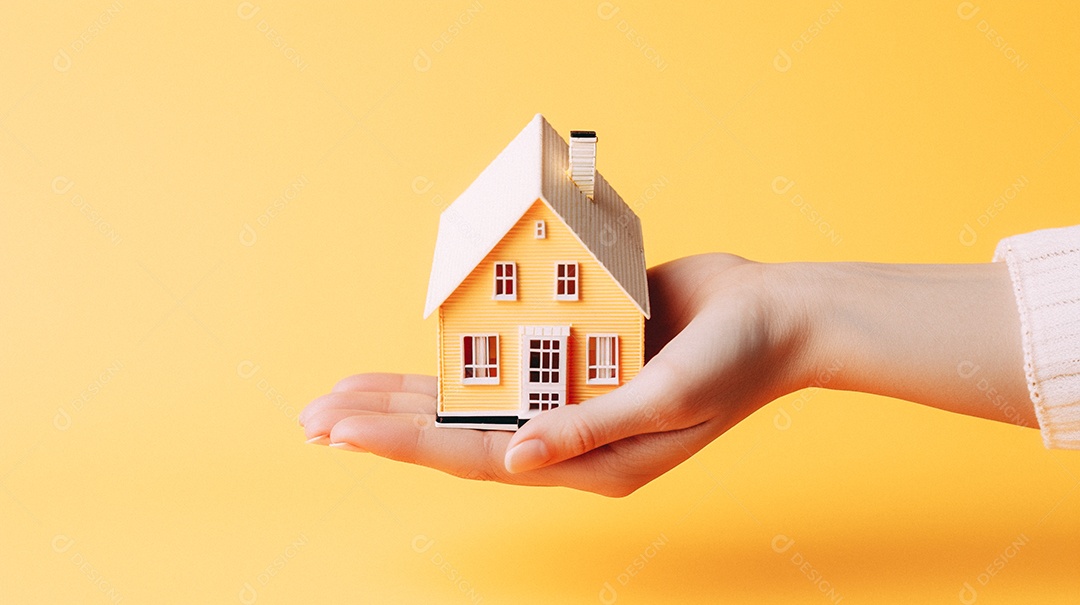 Casa em miniatura isométrica nas mãos de uma mulher isolada no fundo do estúdio