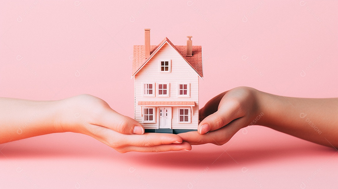 Casa em miniatura isométrica nas mãos de uma mulher isolada no fundo do estúdio