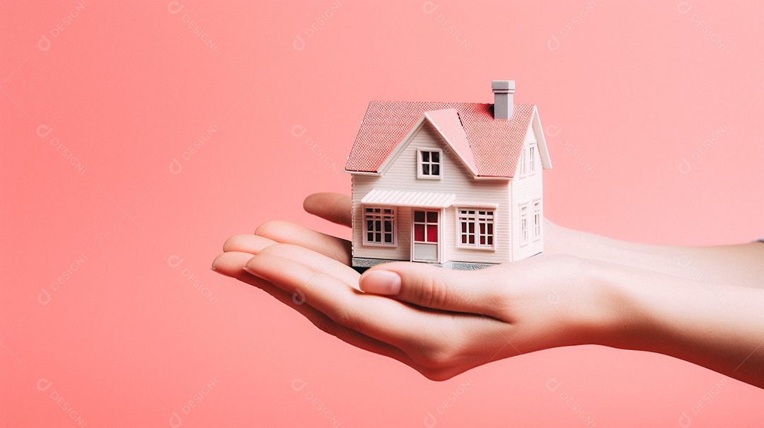 Casa em miniatura isométrica nas mãos de uma mulher isolada no fundo do estúdio