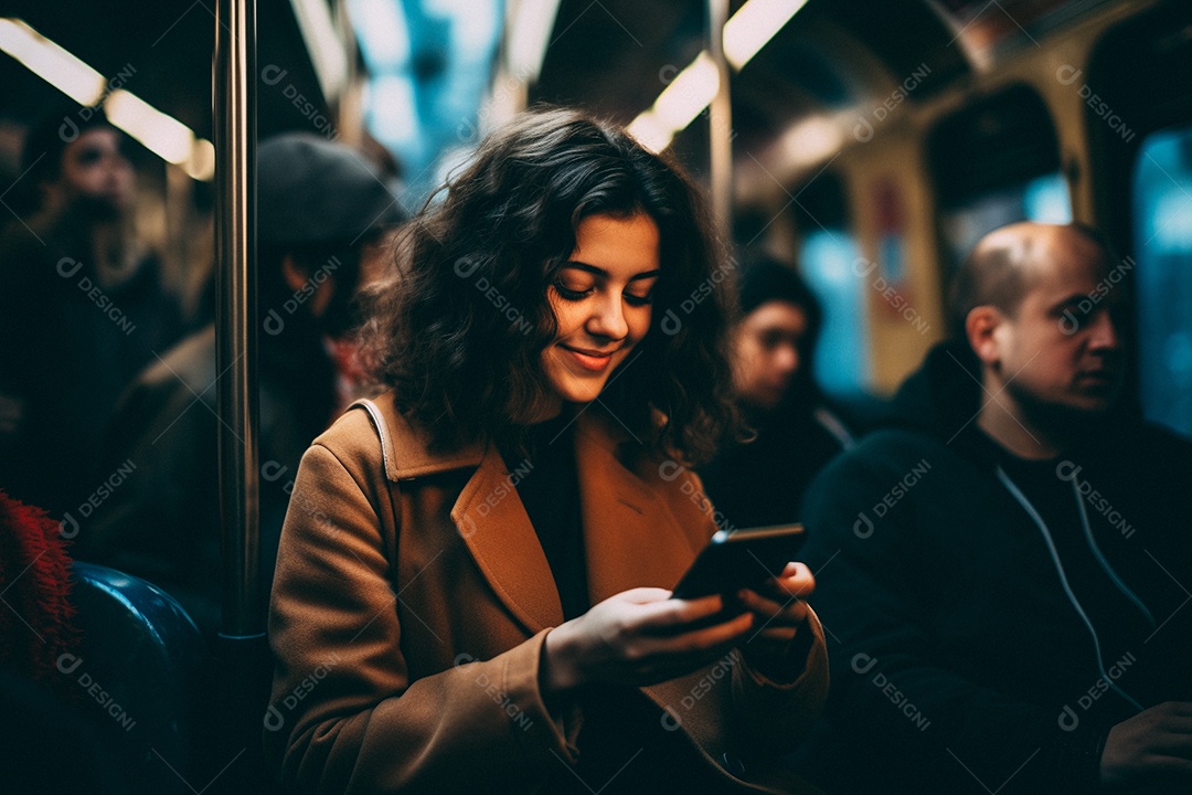 Mulher com um leve sorriso no rosto olhando para o telefone