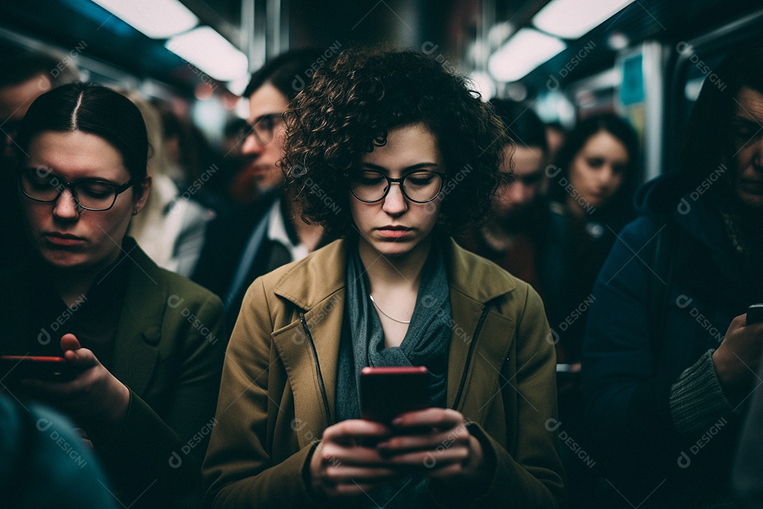 Mulher com um leve sorriso no rosto olhando para o telefone