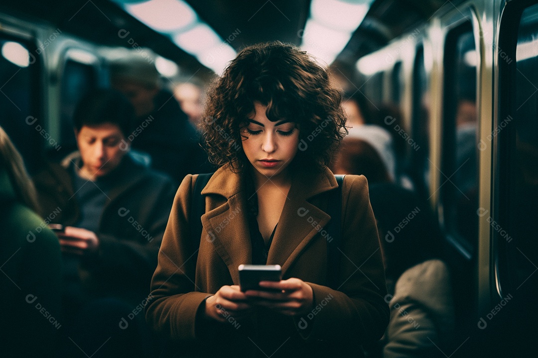 Mulher com um leve sorriso no rosto olhando para o telefone