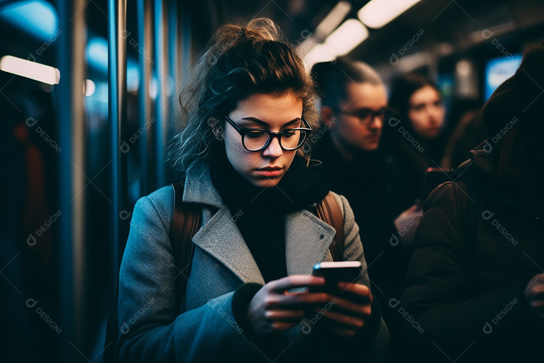Mulher com um leve sorriso no rosto olhando para o telefone