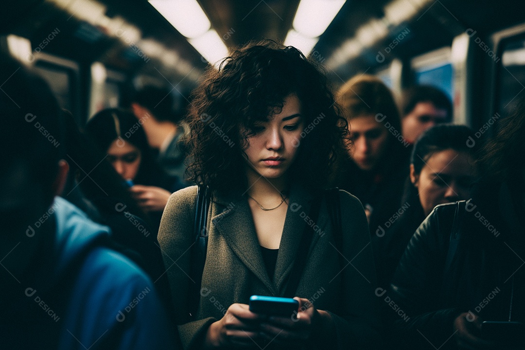 Mulher com um leve sorriso no rosto olhando para o telefone