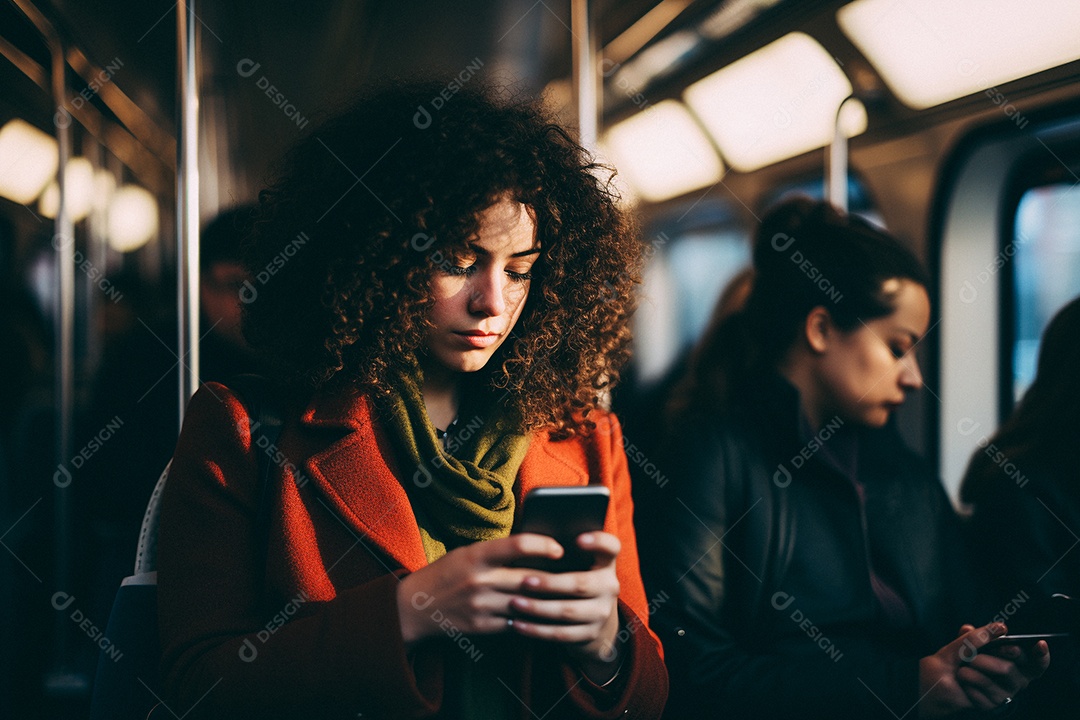 Mulher com um leve sorriso no rosto olhando para o telefone