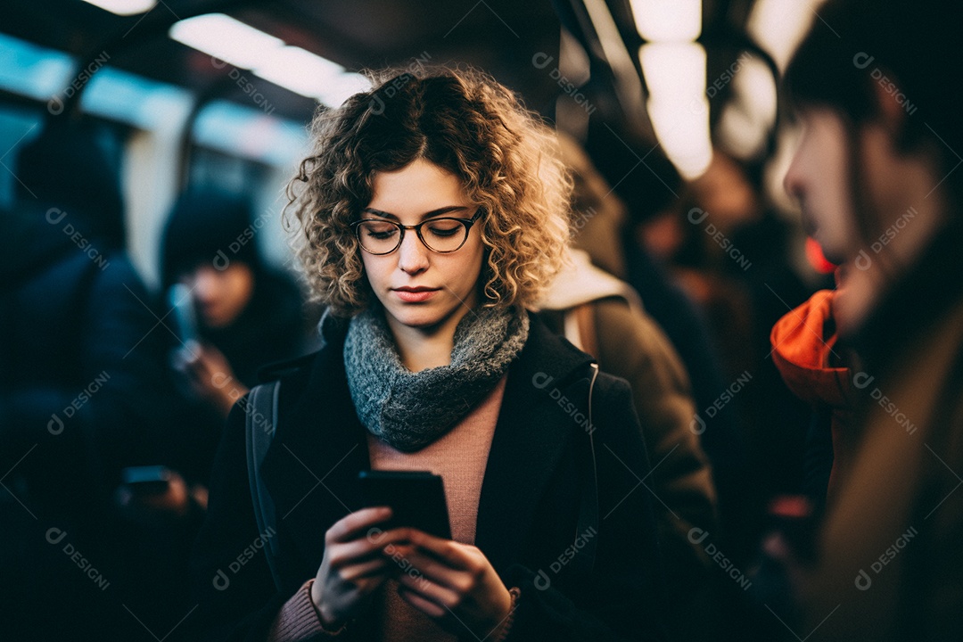 Mulher com um leve sorriso no rosto olhando para o telefone