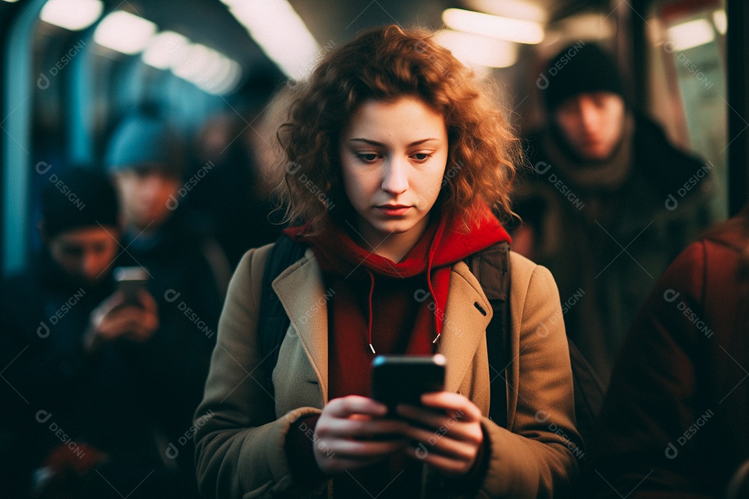 Mulher com um leve sorriso no rosto olhando para o telefone