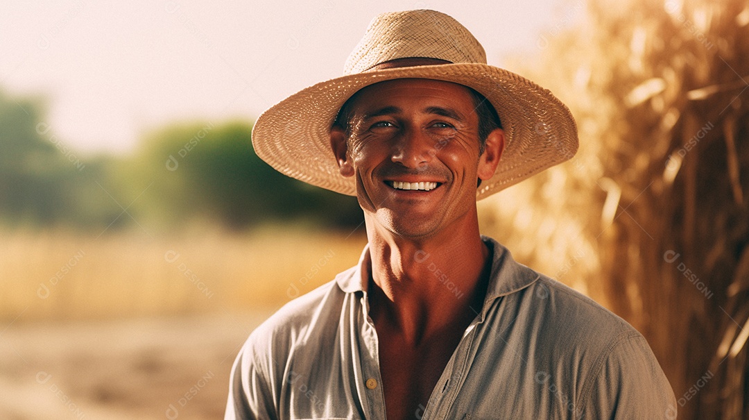 Homem agricultor chapéu de palha em pé terras agrícolas sorrindo