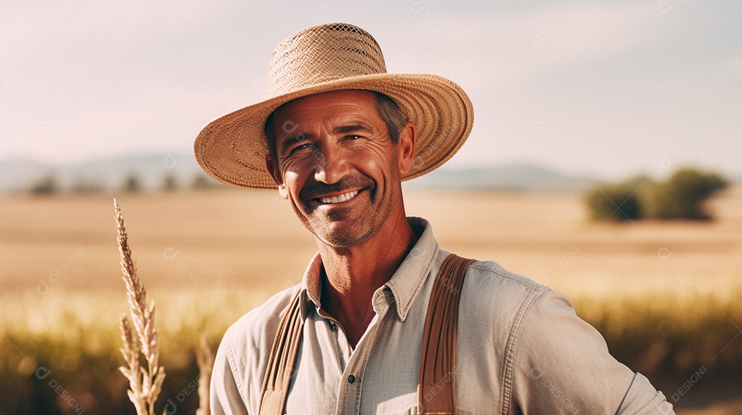 Homem agricultor chapéu de palha em pé terras agrícolas sorrindo