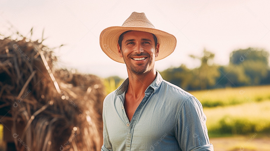 Homem agricultor chapéu de palha em pé terras agrícolas sorrindo