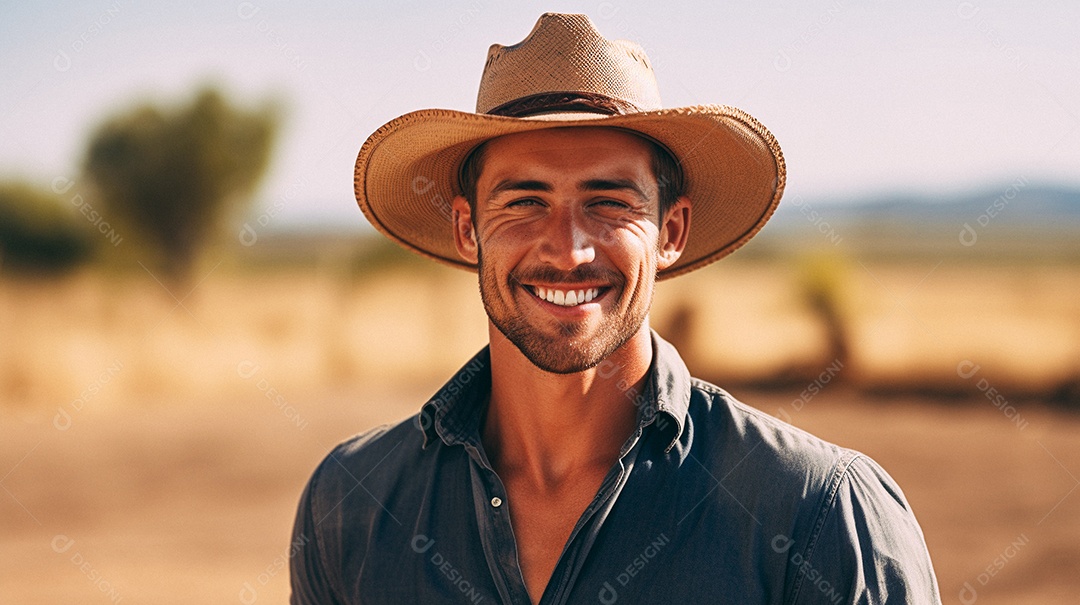 Homem agricultor chapéu de palha em pé terras agrícolas sorrindo