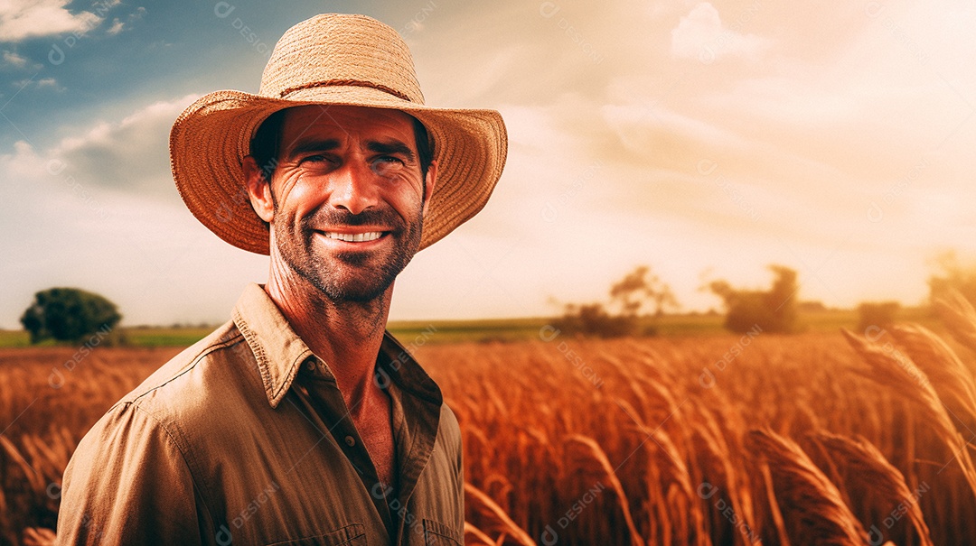 Homem agricultor chapéu de palha em pé terras agrícolas sorrindo