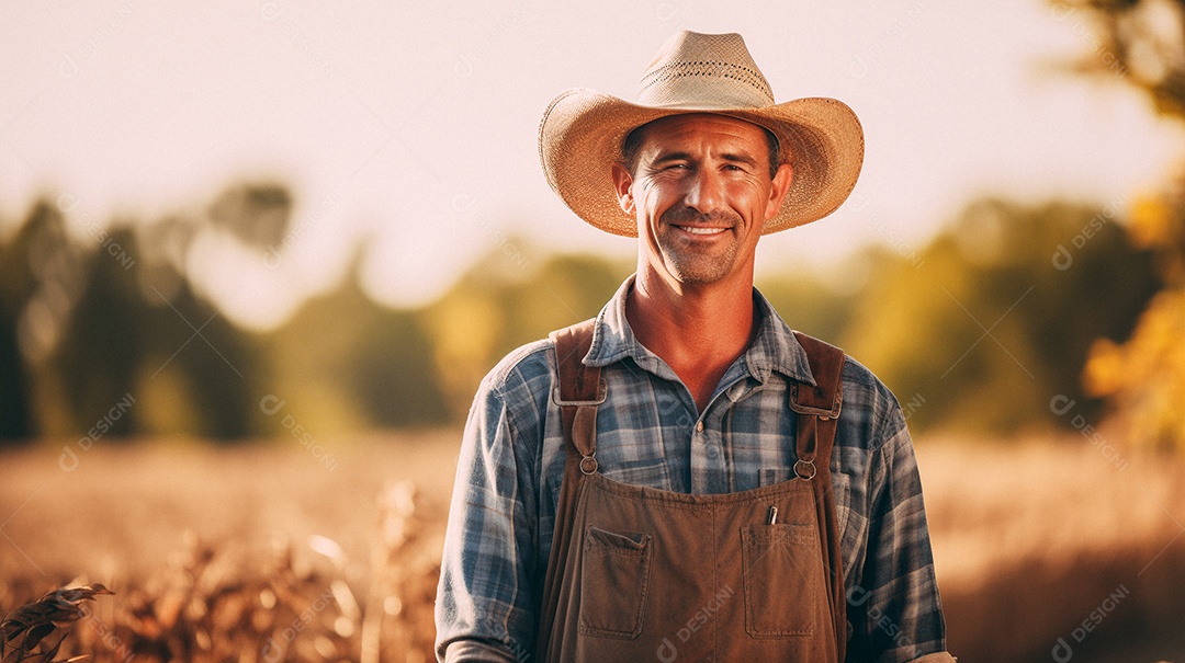Homem agricultor chapéu de palha em pé terras agrícolas sorrindo