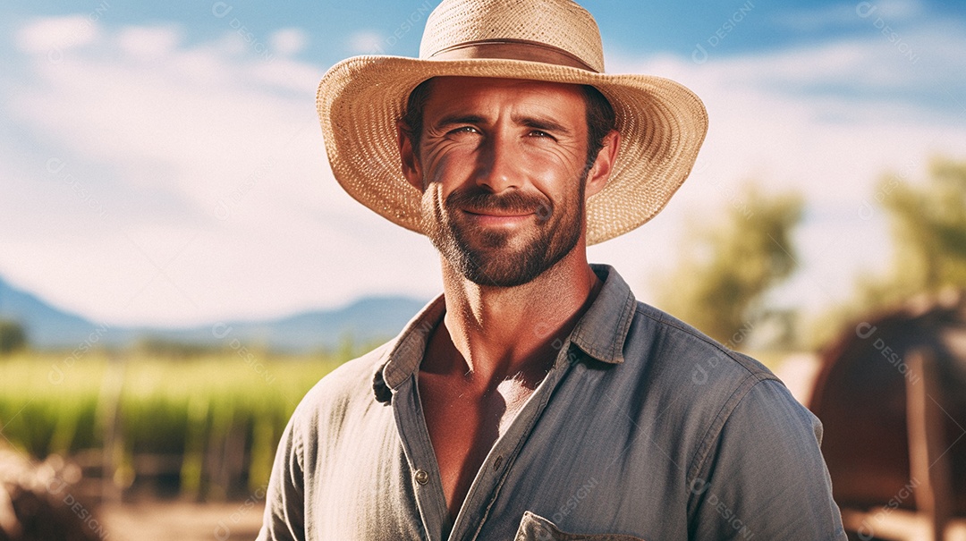 Homem agricultor chapéu de palha em pé terras agrícolas sorrindo