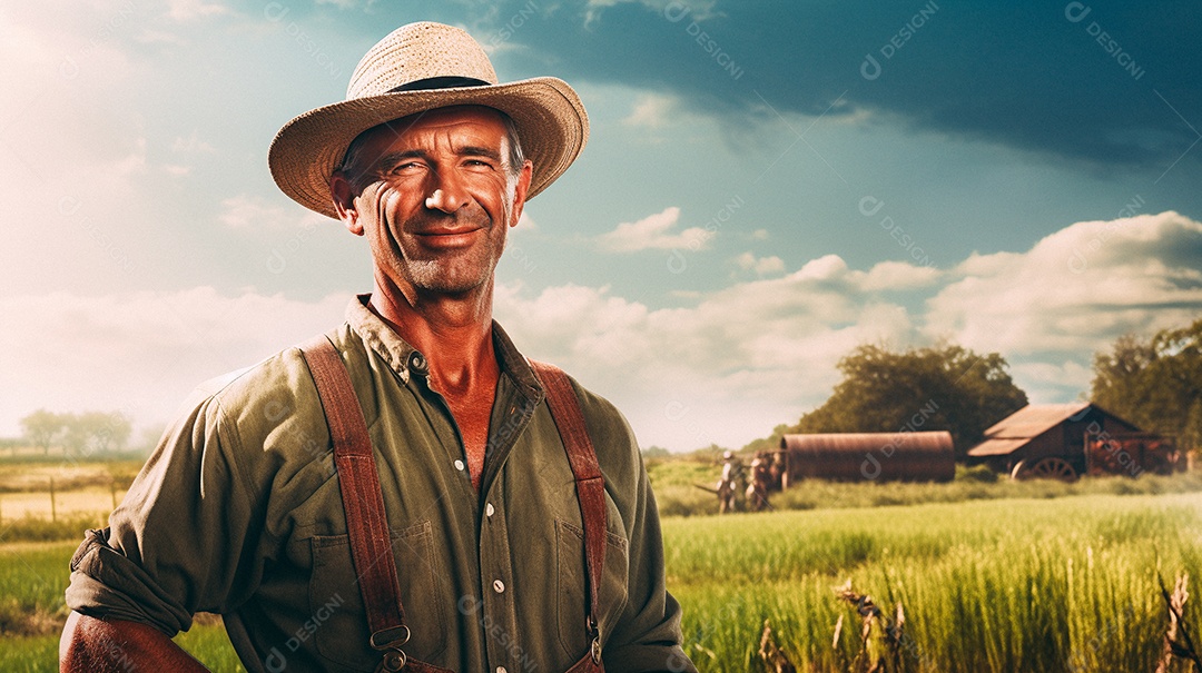 Homem agricultor chapéu de palha em pé terras agrícolas sorrindo