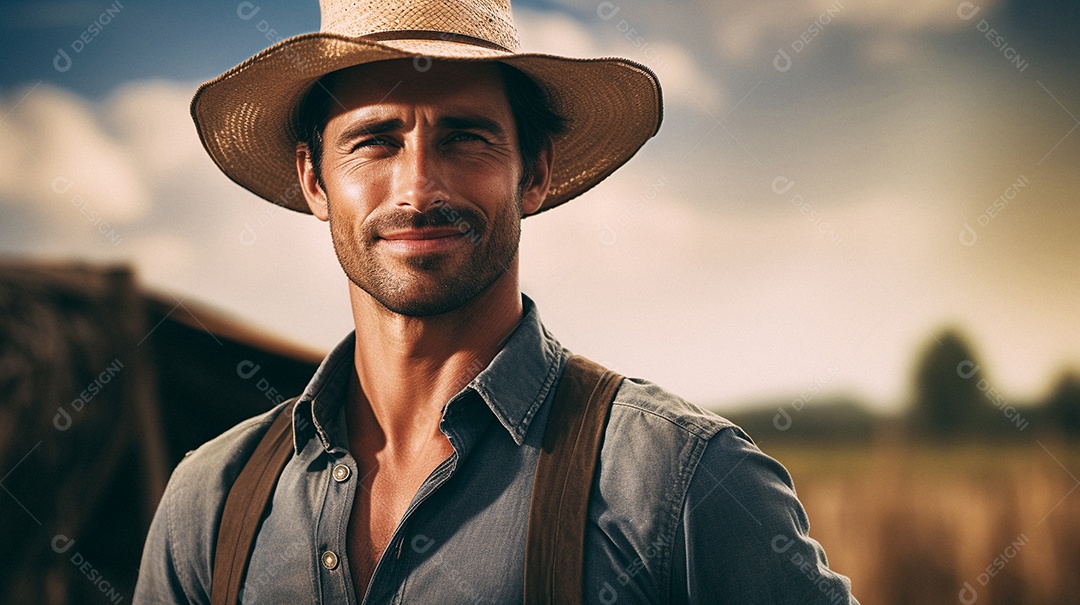 Homem agricultor chapéu de palha em pé terras agrícolas sorrindo
