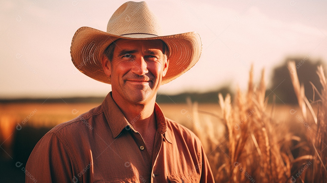 Homem agricultor chapéu de palha em pé terras agrícolas sorrindo