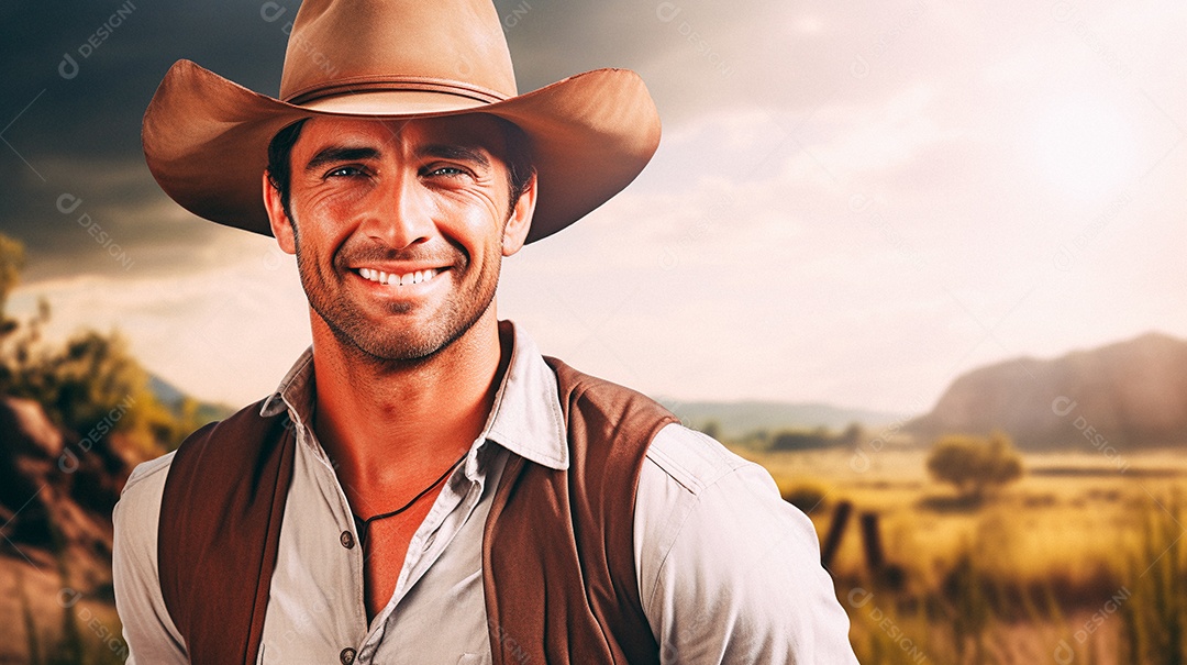 Homem agricultor chapéu de palha em pé terras agrícolas sorrindo
