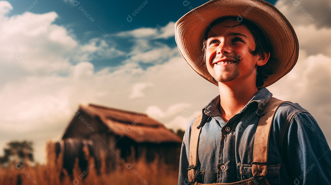 Homem agricultor chapéu de palha em pé terras agrícolas sorrindo