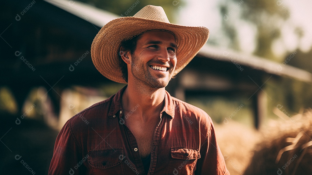 Homem agricultor chapéu de palha em pé terras agrícolas sorrindo