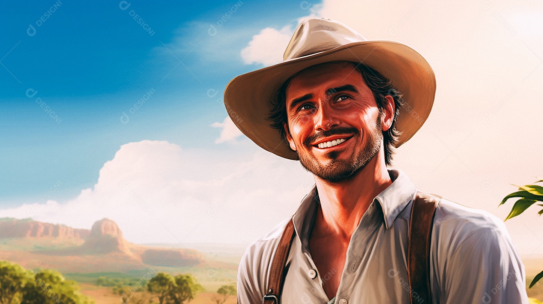 Homem agricultor chapéu de palha em pé terras agrícolas sorrindo