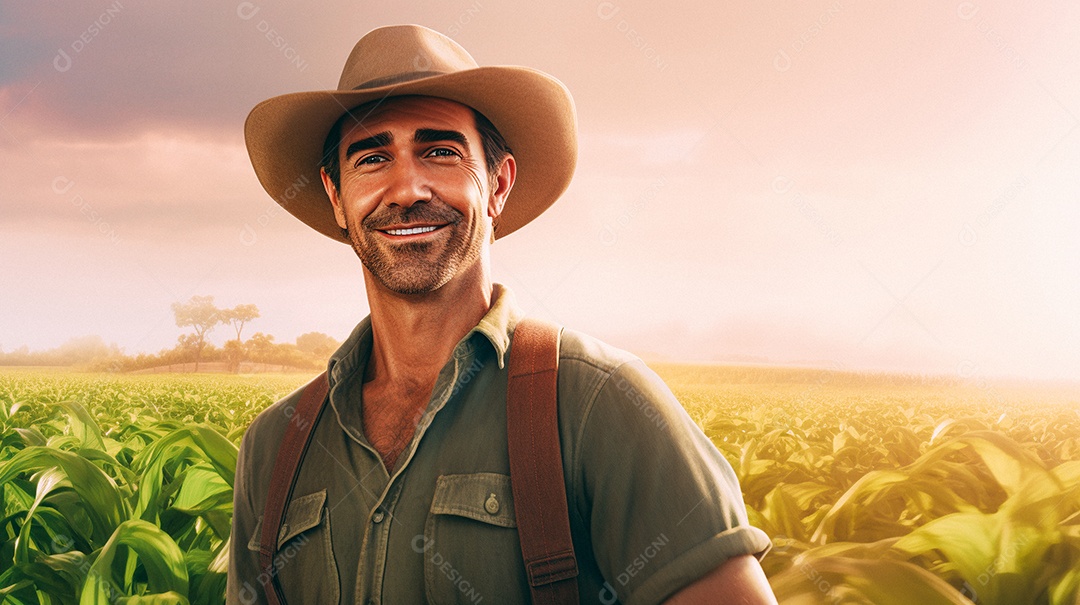 Homem agricultor chapéu de palha em pé terras agrícolas sorrindo