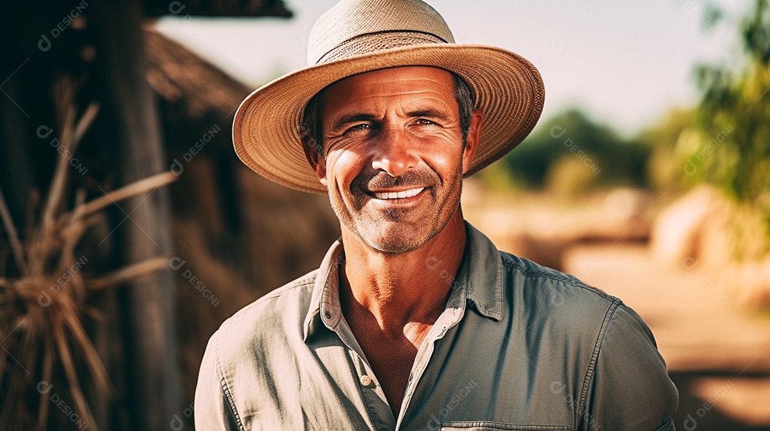 Homem agricultor chapéu de palha em pé terras agrícolas sorrindo