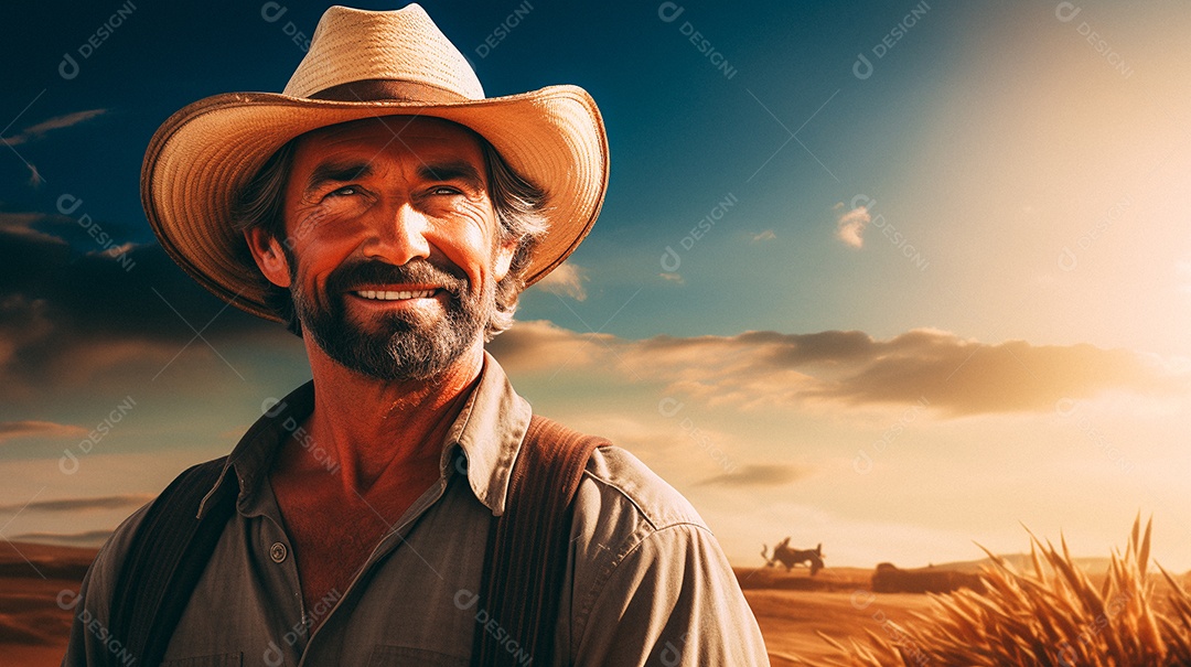 Homem agricultor chapéu de palha em pé terras agrícolas sorrindo