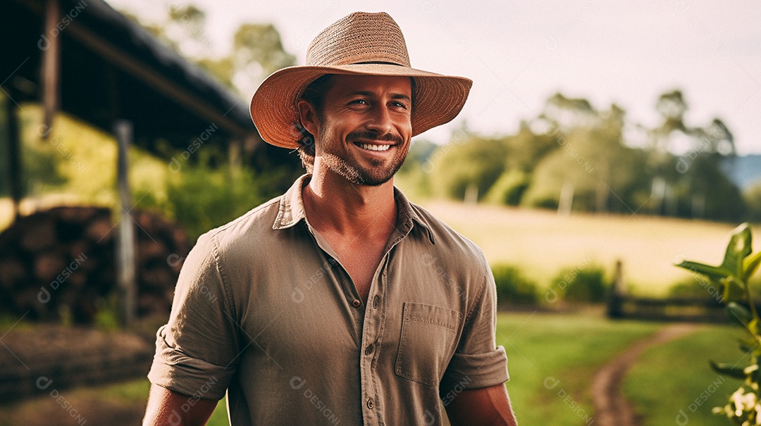 Homem agricultor chapéu de palha em pé terras agrícolas sorrindo