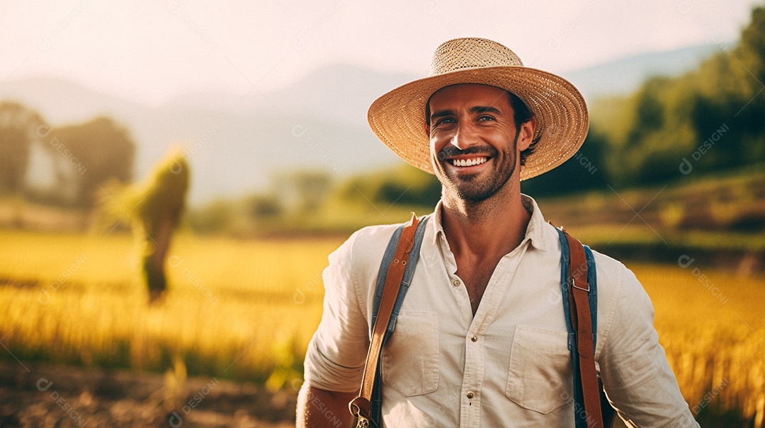 Homem agricultor chapéu de palha em pé terras agrícolas sorrindo